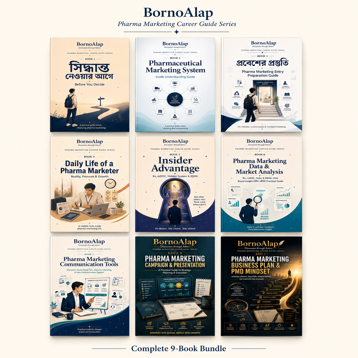 Complete 9-book Pharma Marketing Career Guide Series ebook bundle by BornoAlap showing all nine book covers